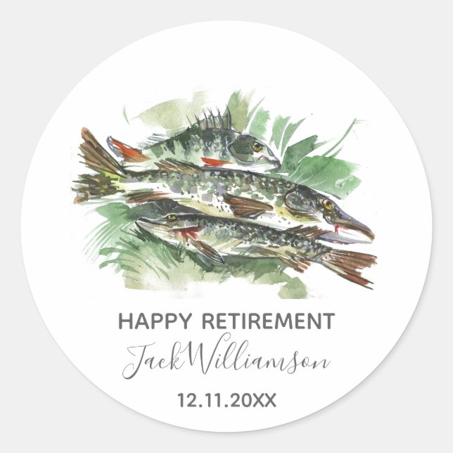 Gone Fishing Retirement Party Watercolor Pike Classic Round Sticker (Front)