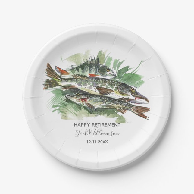 Gone Fishing Retirement Party Watercolor Pike Paper Plate (Front)