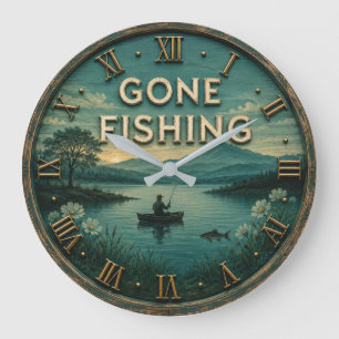 Gone Fishing Rustic Lake Fisherman Cabin Gift Large Clock