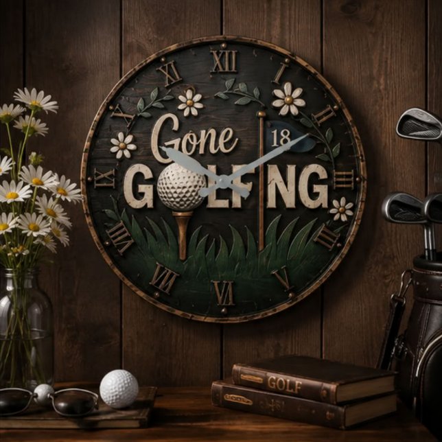 Gone Golfing Rustic Floral Golfer Gift Large Clock (Creator Uploaded)