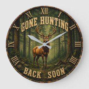 Gone Hunting Back Soon Rustic Hunter Cabin Large Clock
