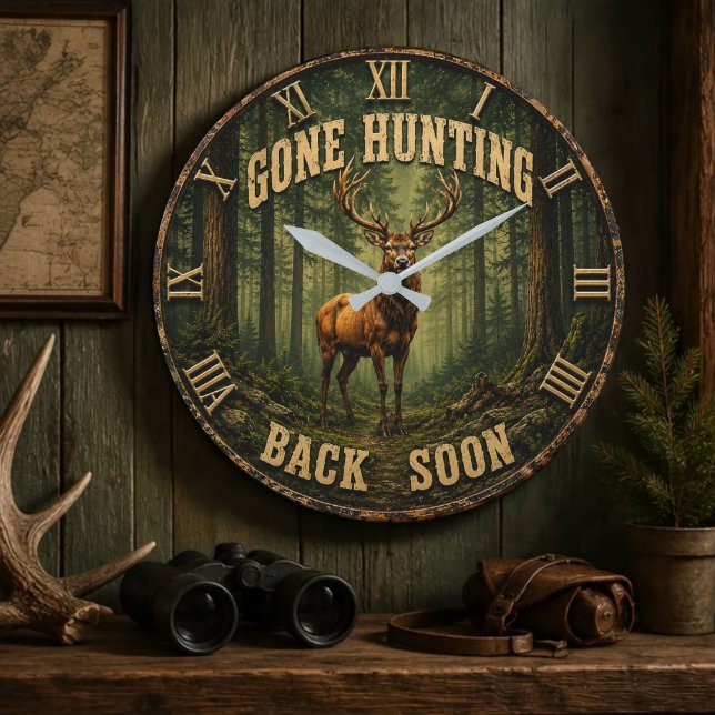 Gone Hunting Back Soon Rustic Hunter Cabin Large Clock (Creator Uploaded)