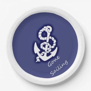 Gone Sailing White Anchor on Nautical Blue Paper Plate