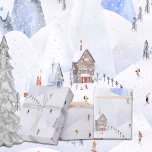 Gone Skiing For Christmas Snowy Mountain Skiers Wrapping Paper<br><div class="desc">A neutral holiday wrapping paper featuring a watercolor painted snowy winter mountain ski scene with skiers and snowboarders skiing on a family Christmas skiing vacation.</div>