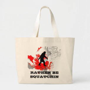 Gone Squatchin, black bigfoot Large Tote Bag
