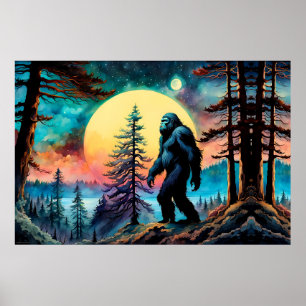 Gone Squatchin' Colourful Sasquatch Landscape Poster