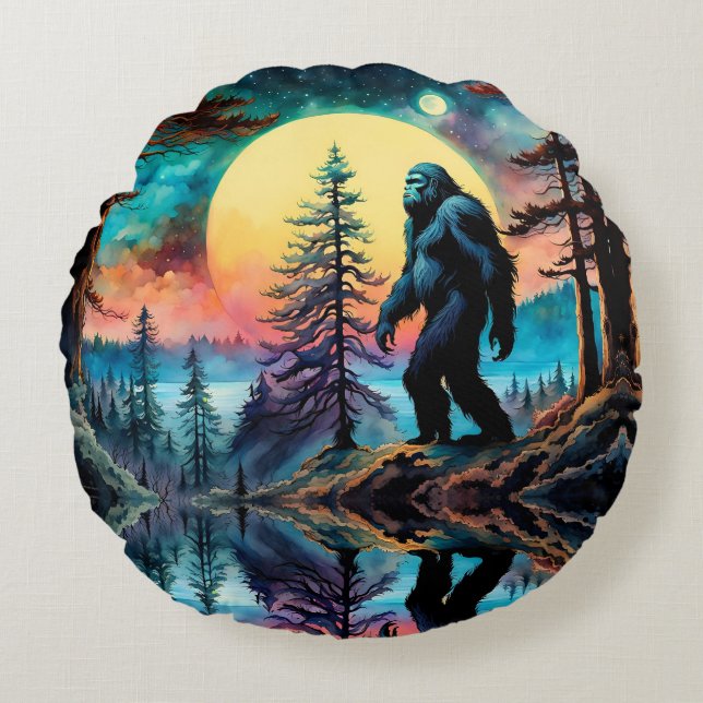 Gone Squatchin' Colourful Sasquatch Landscape Round Cushion (Front)