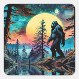 Gone Squatchin' Colourful Sasquatch Landscape Square Sticker