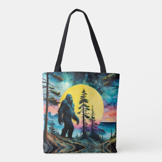 Gone Squatchin' Colourful Sasquatch Landscape Tote Bag (Back)