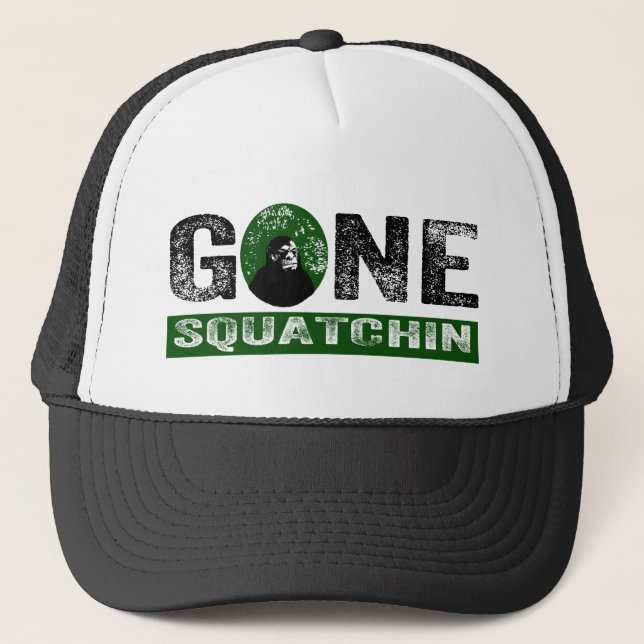 Gone Squatchin (Green) Grunge Squatch Trucker Hat (Front)