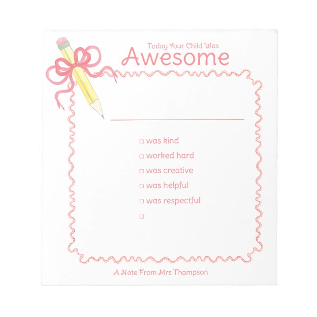 Good Behaviour Note from Teacher | Pencil with Bow (Front)