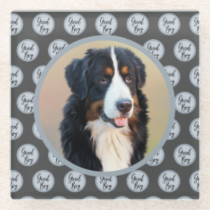 Good boy dog photo text polka dots grey modern glass coaster