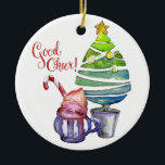 Good Cheer! Tree, Hot Chocolate, Family Names  Ceramic Tree Decoration<br><div class="desc">Good Cheer! Tree, Hot Chocolate, Family Names Ceramic Ornament - A watercolor Christmas Ornament with a stylised tree with star on top paired with a gorgeous mug of hot chocolate with whipped cream and a candy cane. The greeting "Good Cheer" is different and still very welcoming. The opposite side of...</div>