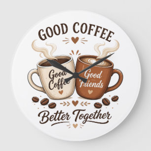 Good Coffee Good Friends with two coffee cups Large Clock
