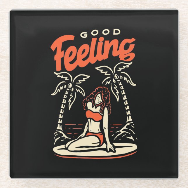 Good Feeling Surfer Girl Glass Coaster (Front)