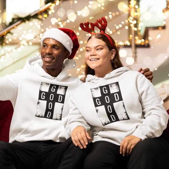 Good God Hoodie (Couples posing in Good God Jesus Cross Hoodie in Christmas)