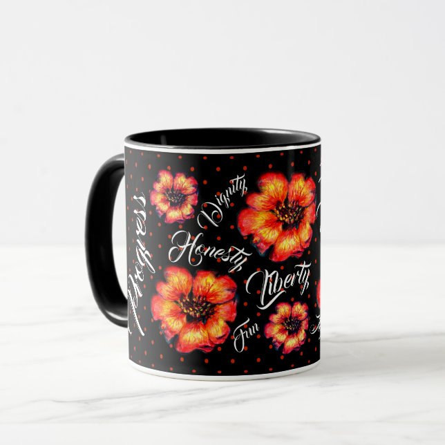 Good Life Values Scarlet Flowers & Dots on black Mug (Front Left)