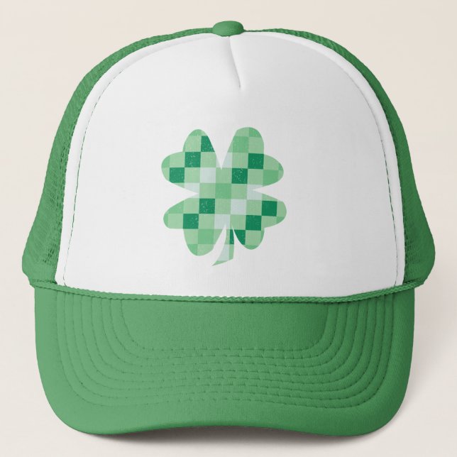 Good Luck Charm Checkered Four Leaf Clover Trucker Hat (Front)