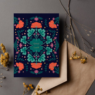 Good luck clovers and flowers dark blue card