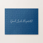 Good Luck Custom Name Script on Solid Blue Funny Jigsaw Puzzle<br><div class="desc">Solid blue jigsaw puzzle features "Good Luck,  [NAME]" in a white script font in the centre. Personalise the funny text in the sidebar. Makes a great custom gift for someone who loves a difficult challenge. 

Copyright ©Claire E. Skinner. All rights reserved.</div>