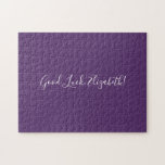 Good Luck Custom Name Script on Solid Purple Funny Jigsaw Puzzle<br><div class="desc">Solid purple jigsaw puzzle features "Good Luck,  [NAME]" in a white script font in the centre. Personalise the funny text in the sidebar. Makes a great custom gift for someone who loves a difficult challenge. 

Copyright ©Claire E. Skinner. All rights reserved.</div>