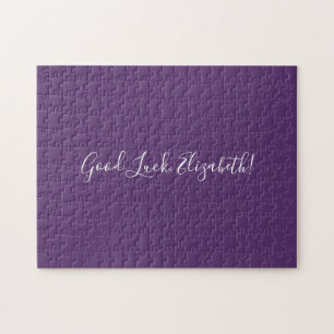 Good Luck Custom Name Script on Solid Purple Funny Jigsaw Puzzle
