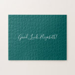 Good Luck Custom Name Script on Solid Teal Funny Jigsaw Puzzle<br><div class="desc">Solid teal jigsaw puzzle features "Good Luck,  [NAME]" in a white script font in the centre. Personalise the funny text in the sidebar. Makes a great custom gift for someone who loves a difficult challenge. 

Copyright ©Claire E. Skinner. All rights reserved.</div>