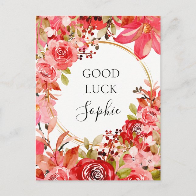 Good Luck Custom Pink Floral Gold Frame Postcard (Front)