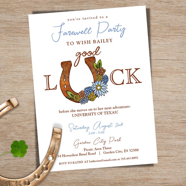 Good Luck Floral Horseshoe Farewell Party Invitation (Horseshoe Good Luck Going Away Party Invitation)