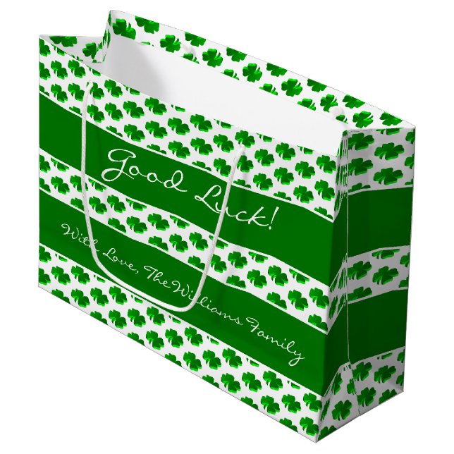 Good Luck Four Leaf Clover Pattern Custom Text Large Gift Bag (Front Angled)