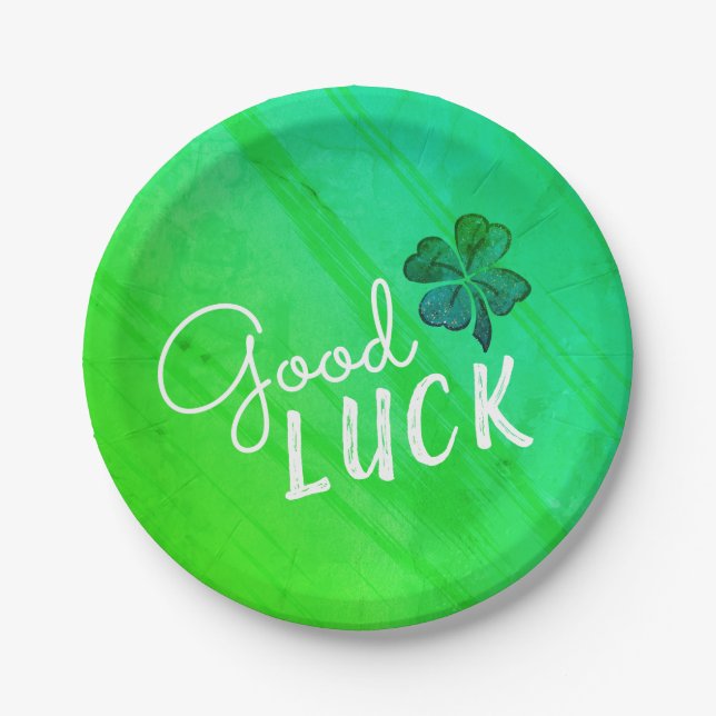 Good Luck Four Leaf Clover Shamrock Paper Plate (Front)