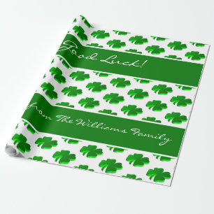 Good Luck Four Leaf Clovers Pattern Custom Text Wrapping Paper
