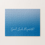 Good Luck Name Script on Blue Gradient Funny Jigsaw Puzzle<br><div class="desc">Light to dark blue gradient jigsaw puzzle features "Good Luck,  [NAME]" in a white script font near the bottom. Personalise the funny text in the sidebar. Makes a great custom gift for someone who loves a challenge. 

Copyright ©Claire E. Skinner. All rights reserved.</div>