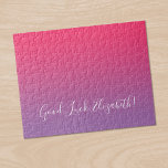 Good Luck Name Script Pink to Purple Ombré Funny Jigsaw Puzzle<br><div class="desc">Stylish raspberry pink to light purple gradient jigsaw puzzle features "Good Luck, [NAME]" in a white script font near the bottom. Personalise the funny text in the sidebar. Makes a great custom gift for someone who loves a challenge. To see the minimal ombré design on other items, click the "Rocklawn...</div>