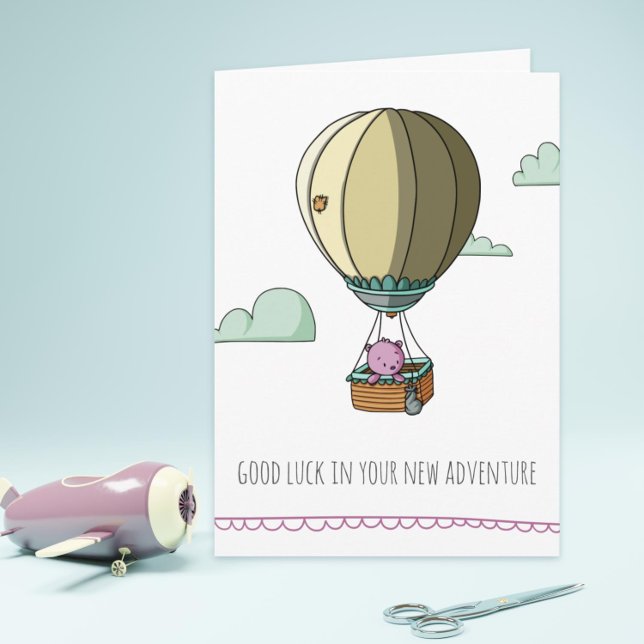  Good Luck Pink Bear in Hot Balloon Farewell Card (Graduation or retirement card with a bear in a hot air balloon)