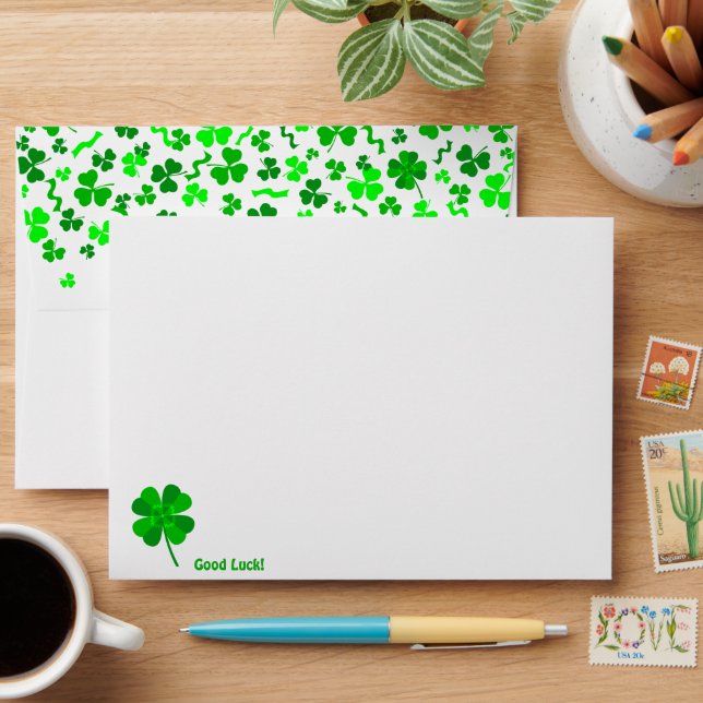 Good Luck Shamrocks Clover Personalised Envelope (Desk)