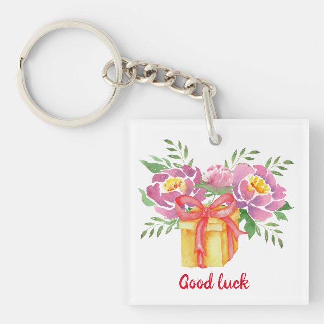 Good luck Watercolor peonies Cute Key Ring (Front)