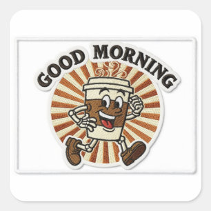 "Good Morning" Coffee Cup Mascot Embroidered Patch Square Sticker
