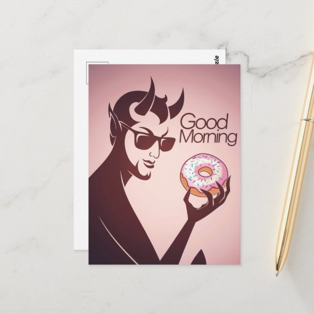 Good Morning Devil With Doughnut Postcard (Front/Back In Situ)