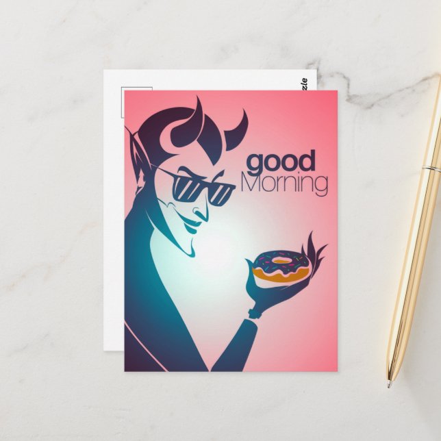 Good Morning Devil With Doughnut Postcard (Front/Back In Situ)