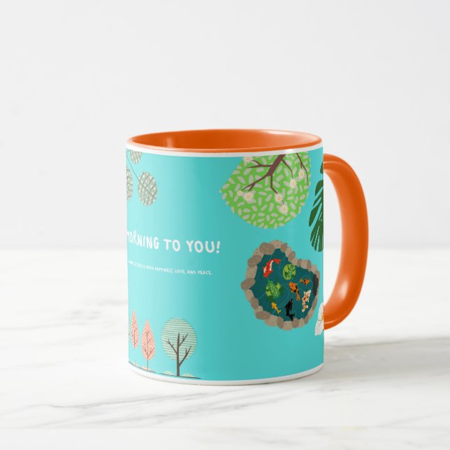GOOD MORNING MUG-TURQUOISE WOODLAND &NATURE DESIGN MUG (Front Right)
