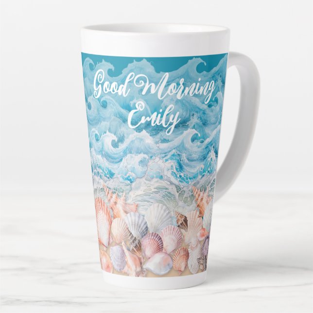 Good Morning Personalised Beach Latte Mug (Right Angle)