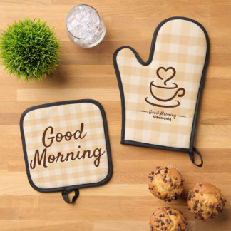 Good Morning Pot Holders & Oven Mitt – Beige Check Oven Mitt & Pot Holder Set