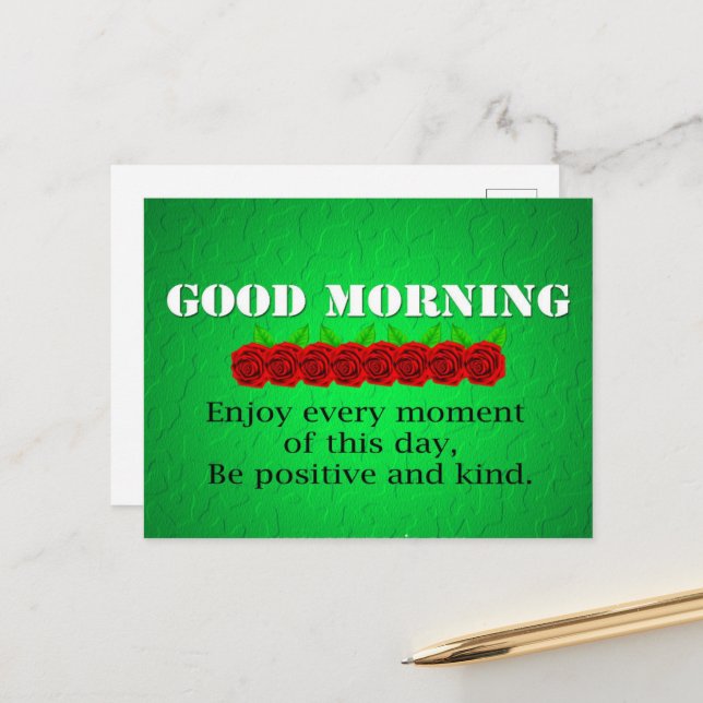 Good morning Red flowers Positivity Quote Postcard (Front/Back In Situ)