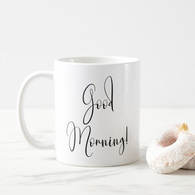 "Good Morning" Simple Black Typography Coffee Mug (With Donut)