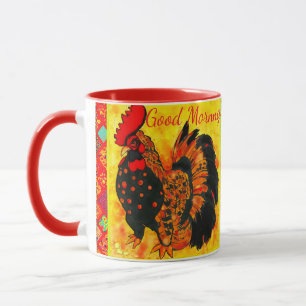 Good Morning Text Rooster Red Orange Drawing Mug