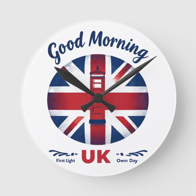Good Morning UK – Union Jack & London Phone Box  Round Clock (Front)