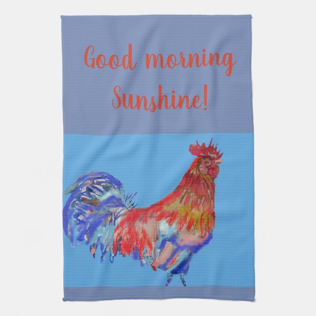 Good Morning Watercolor Red Rooster Kitchen Towel (Vertical)