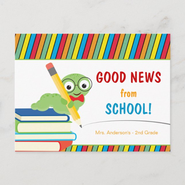 Good News From School with Bookworm Postcard (Front)