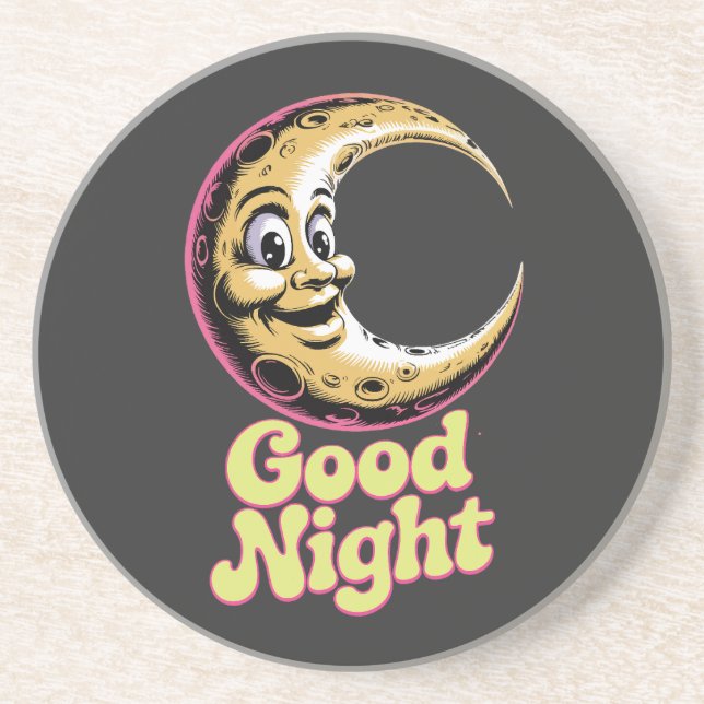 Good Night Retro Moon Sandstone Coaster  (Front)